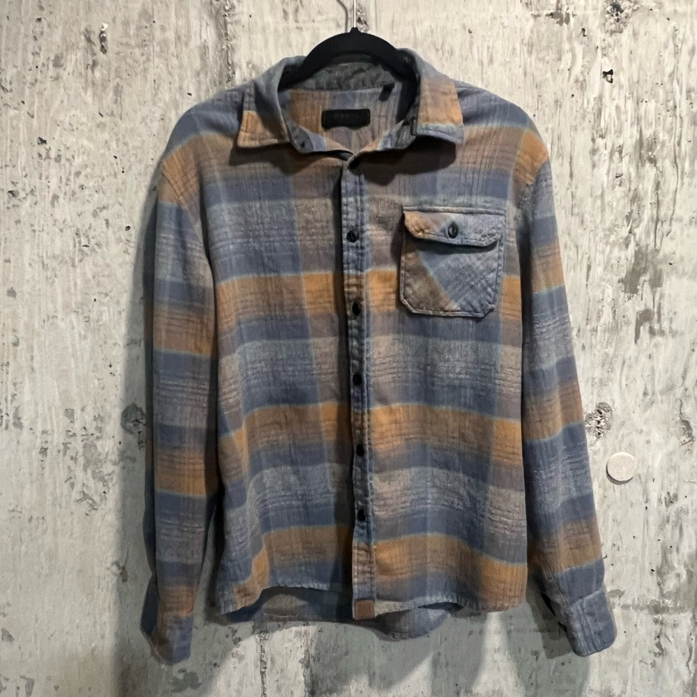 Men's Blue and Tan Plaid Button-Down Shirt
